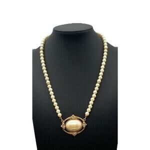 Vintage 1928 Brand Faux Pearl Necklace Gold Tone & Rhinestone Cabochon Pendant